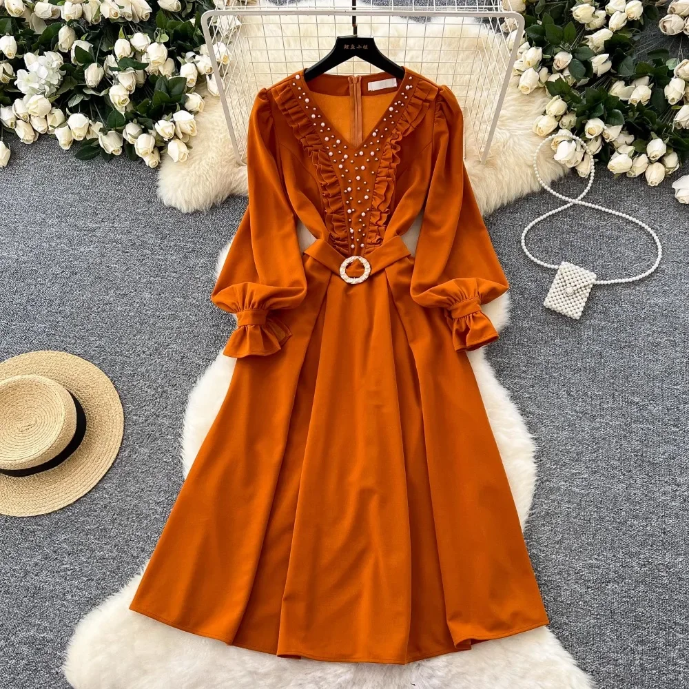 Elegant Lantern Sleeves Vintage V-Neck Chic Embroidered Beads Slim A-line Dresses Evening High Street Autumn Plus Size Clothing