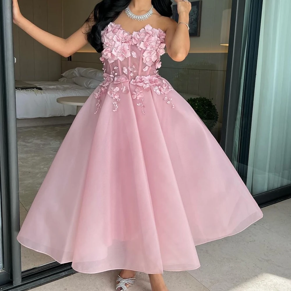 

Fashion Organza A-Line Appliques and Pearls Evening Dress Strapless Floor Length Sleeveless Photo Color Bespoke Occasion Gowns