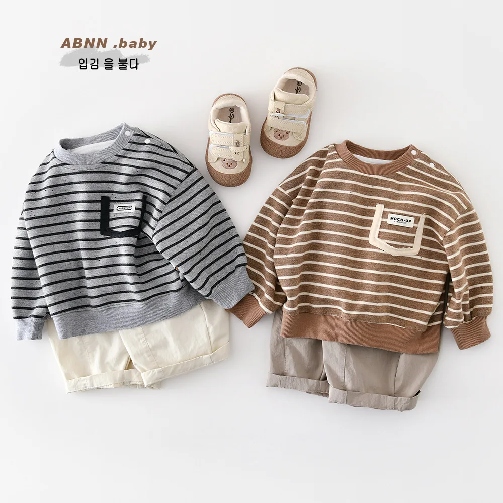 Boys Casual Striped Pullover Toddler Girls Cotton Loose Tops Children Clothes 2026 Spring New Baby Long Sleeve Sweatshirt