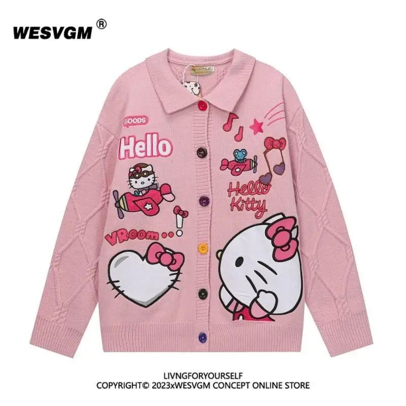 

Женский кардиган Sanrio Hello Kitty, вязаный, повседневный, новый, осенне-зимний, с милой мультяшной вышивкой, отложным воротником, свободного кроя, утолщенный