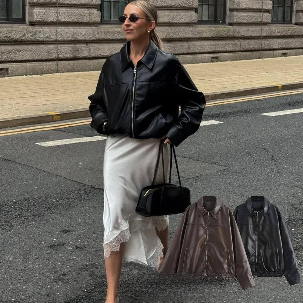 

KONDALA повседневные шикарные черные кожаные куртки с длинными рукавами и карманами на молнии, куртки-бомберы, модная уличная одежда на осень-зиму 2025 года, верхняя одежда