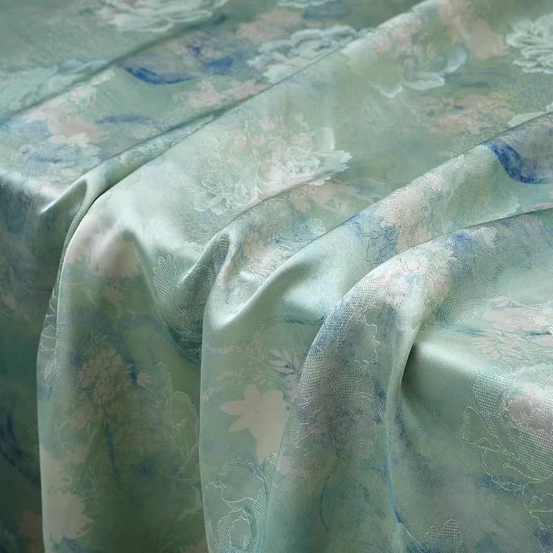 Aqua Green Xiangyunsha Hualuo Fabric Large Floral Jacquard Qipao Dress Chinese Blouse Pastel Summer Vintage Textile view 3