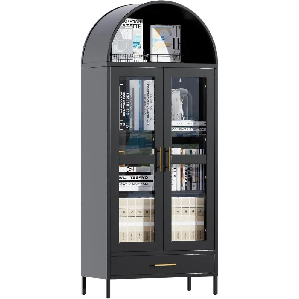

73In Tall Metal Arched Cabinet, Arched Display Pantry Cabinet with Glass Door, Modern Farmhouse Bookcase with 1 Drawer and 2 Adj