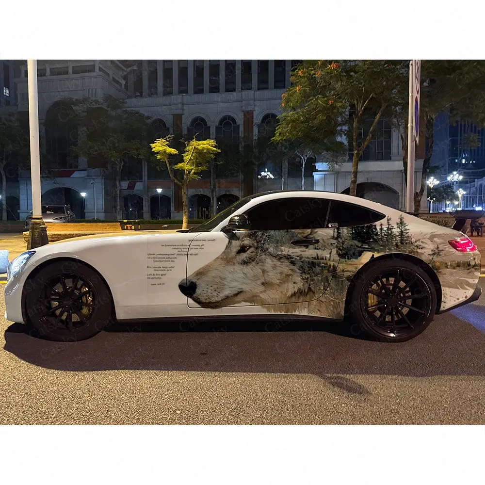 2pcs.Double Exposure Wolf Head Car Side Wraps, Self-Adhesive PVC Waterproof & Scratch-Resistant Stickers, Car Accessory Gift