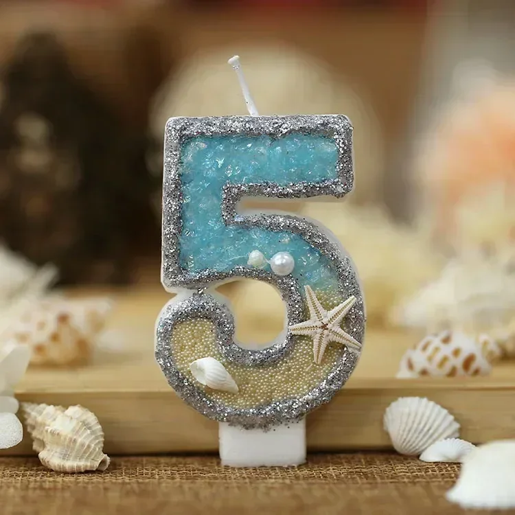 Birthday Candle 1 Year Birthday Candle Cake Blue Sparkly Beach Starfish Conch Gradient Candle Topper for Party Cake Decoration