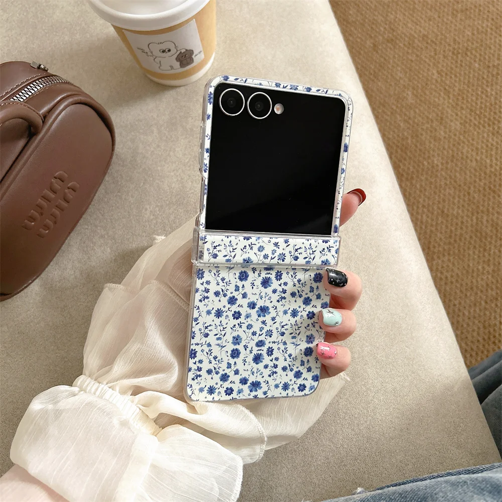 Fresh Cottage Dainty Blue Blossom Flower Printed Phone Case for Samsung Galaxy Z Flip 7-3 Crystal Bead Strap Protective Cover