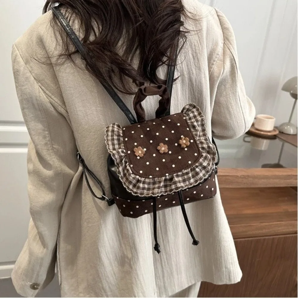 

Fashion Lace Trim Mini Backpack Korean Style Polka Dot Small Book Bag PU Leather Flower Backpack Women