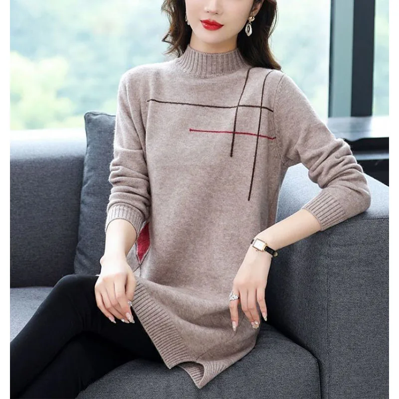 2024 Autumn Winter New Women\'s Half High Collar Loose Sweaters Fashion Casual All-match Mid Length Version Long Sleeve Tops