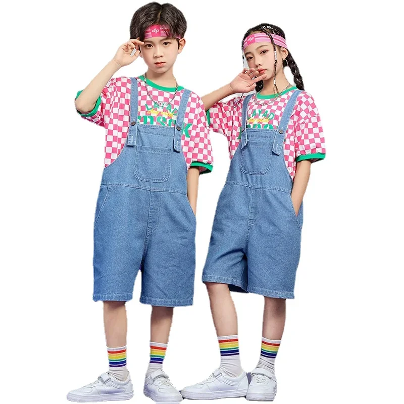 

Kindergarten Kids Summer Boys Girls Fashion Plaid Short Sleeve T-shirt Denim Rompers Shorts Sets Teen Children Jeans T Shirt