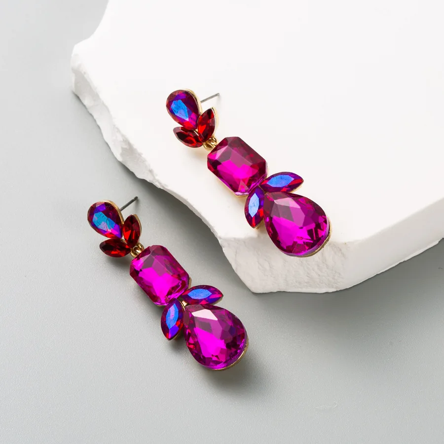 Fuchsia Green Crystals Leaf Dangle Earrings For Women Luxury Elegant Brincos Pendant Jewelry Ear Accessories