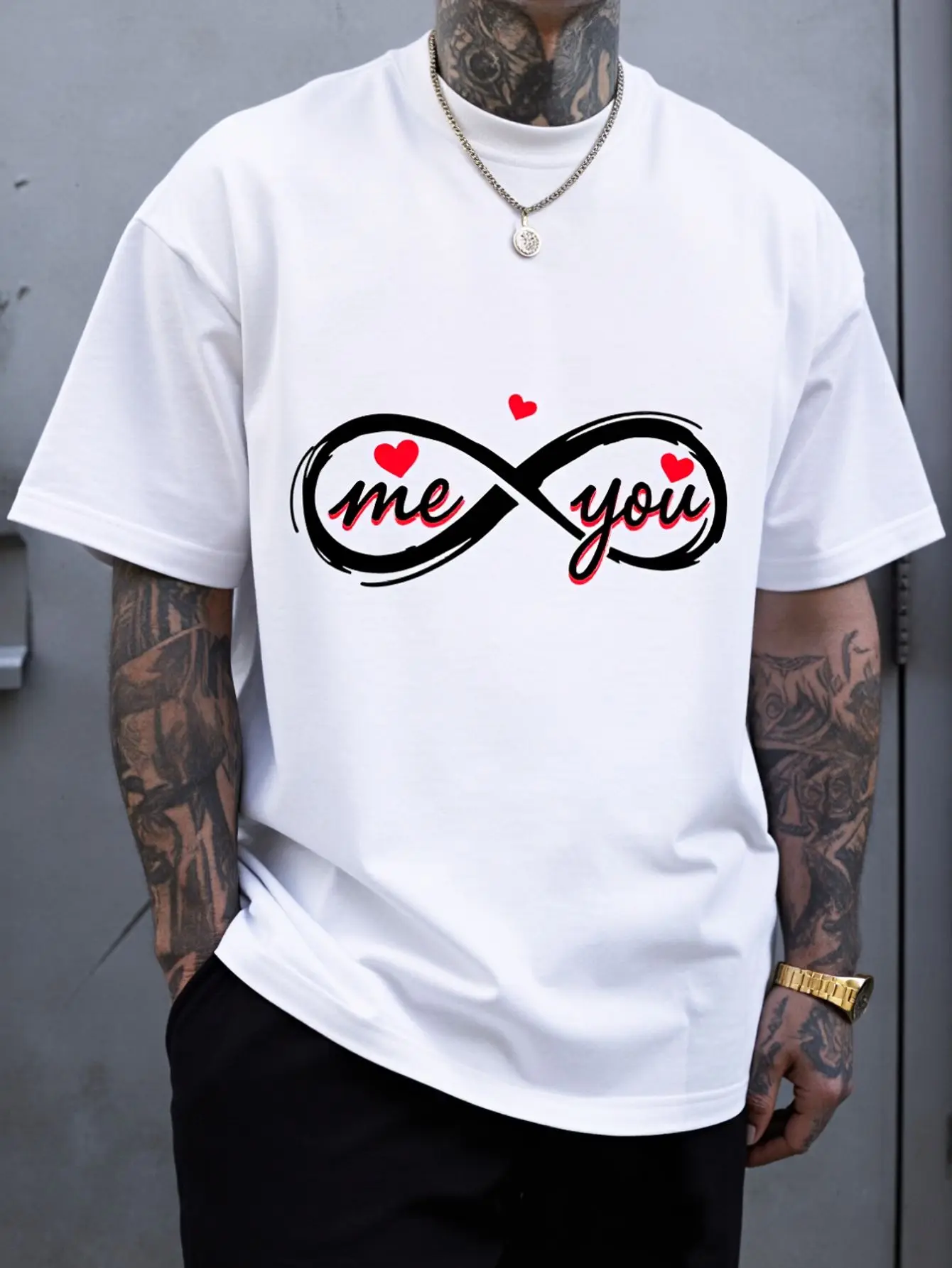 Men's Infinity Heart Print T-Shirt- Couple Style T-Shirt With Infinity Symbol Heart, Slim Fit Casual Short Sleeve Round Neck, All-Season Top(Machine Heart Pattern Tee Men Love Tee Love Theme Shirt