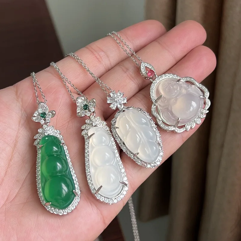 

High Quality Jadeite Bean Chalcedony 925 Silver Plated Inlaid Pendant Bottom Agate Jade