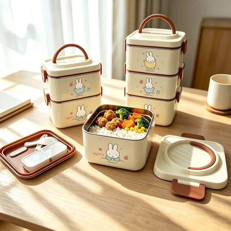 Miffy 3-Schicht Bento Lunchbox aus Edelstahl Auslaufsicherer Lebensmittelbehälter mit Isoliertasche und Griff für Büroangestellte und Studenten
