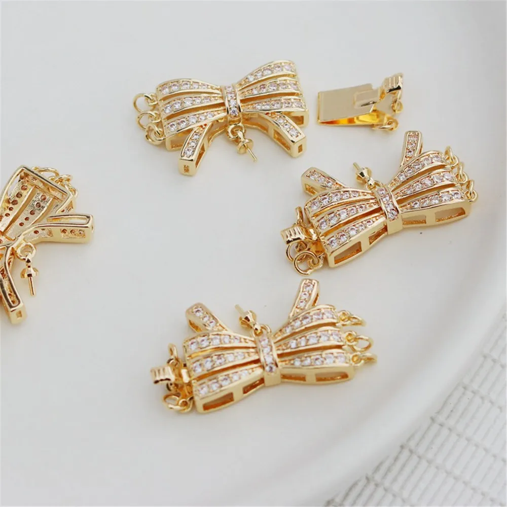 14K Gold Micro-inlaid Zircon Large Bow Buckle, Connecting Bracelet, Hand Row Necklace, Three Rows, DIY Buckle