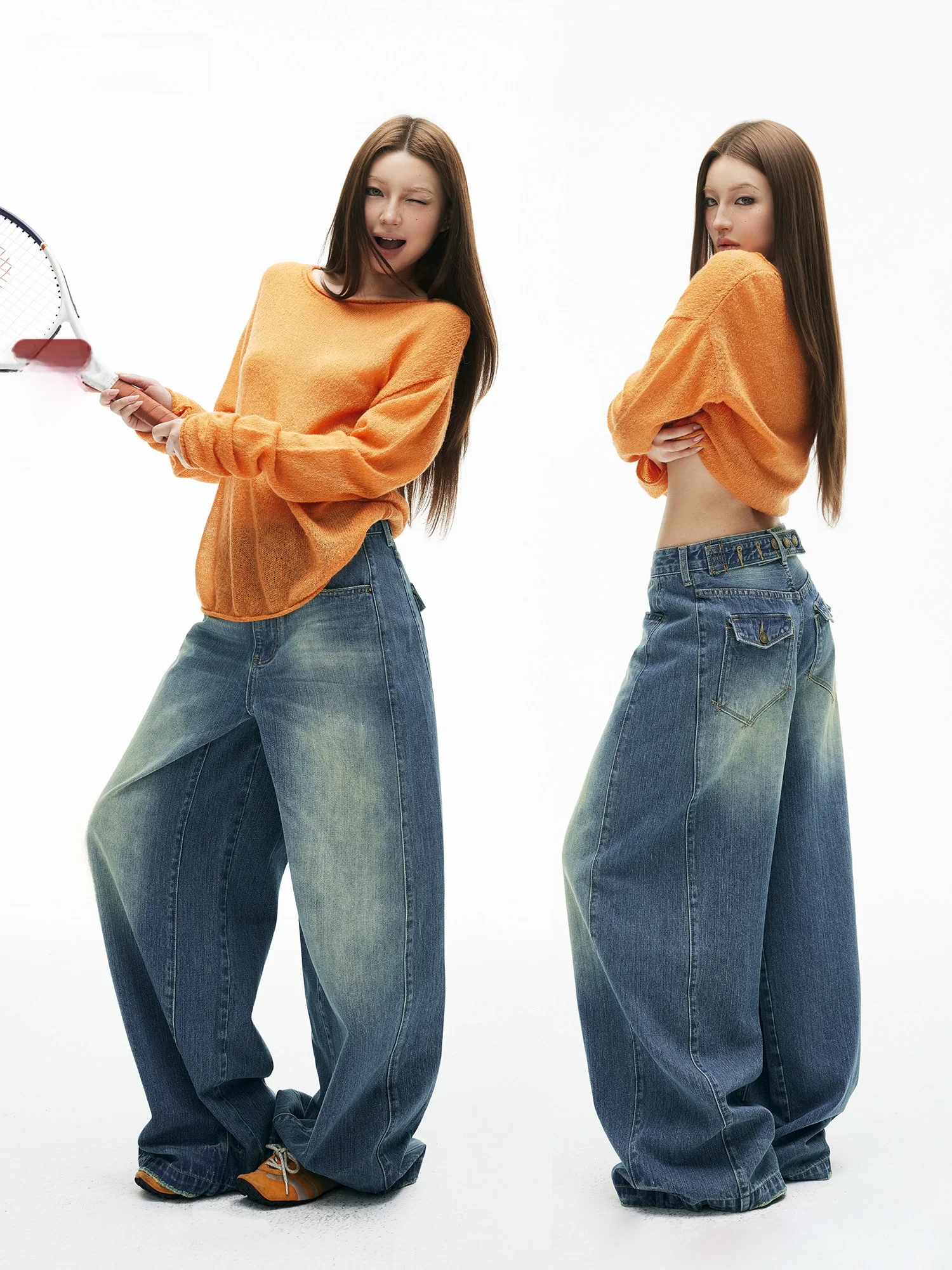 

Washed Blue Jeans Wide Leg Pants Adjustable Waist Buckle Loose Fit Casual Low Waist Zipper Closure Color All Season Lad...