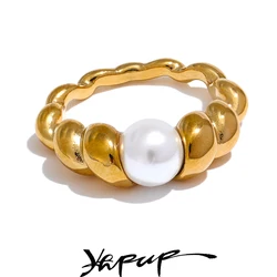 Yhpup Elegant Imitation Pearls Stainless Steel Twisted Geometric Ring for Women Rust Proof Stylish Jewelry High Quality Cast
