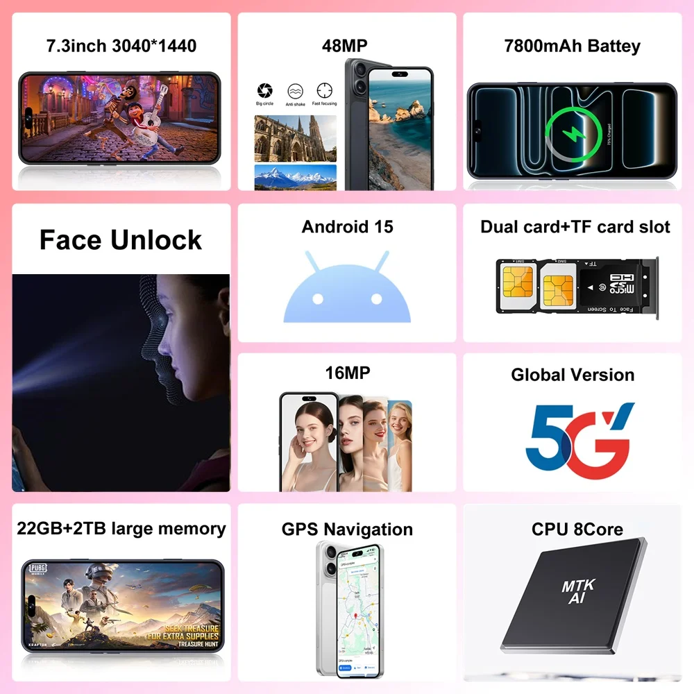 K-Touch Smartphone For A17 Pro Max 5G Dual Sim Mobile Phones 22G+2TB 7.3inch Cell Phone Face ID Unlocked 7800mAh Battery 16+48MP Cellphones