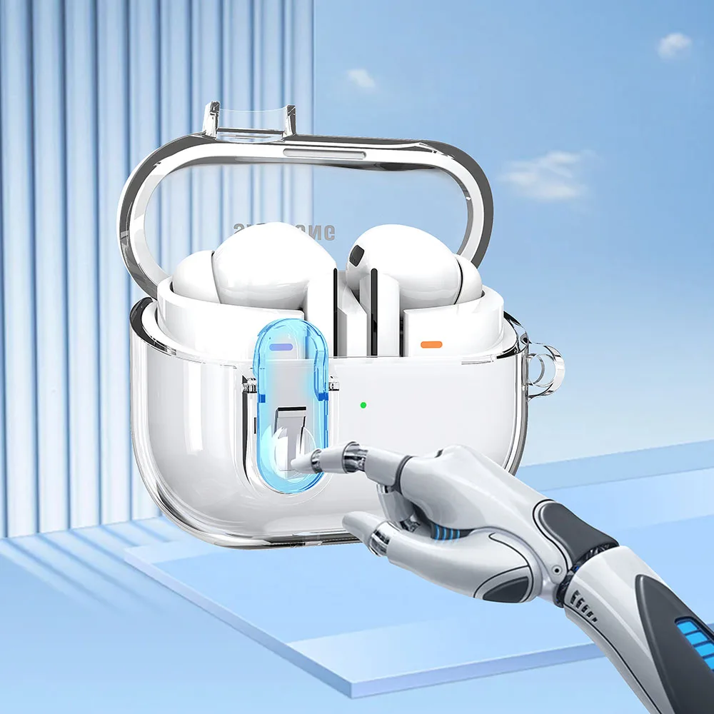 غطاء شفاف بقفل أمان جديد لهاتف سامسونج جالاكسي بادز 3 فوندا لهاتف جالاكسي بادز باز 3 برو حافظة شفافة مضادة للصدمات مع خطاف