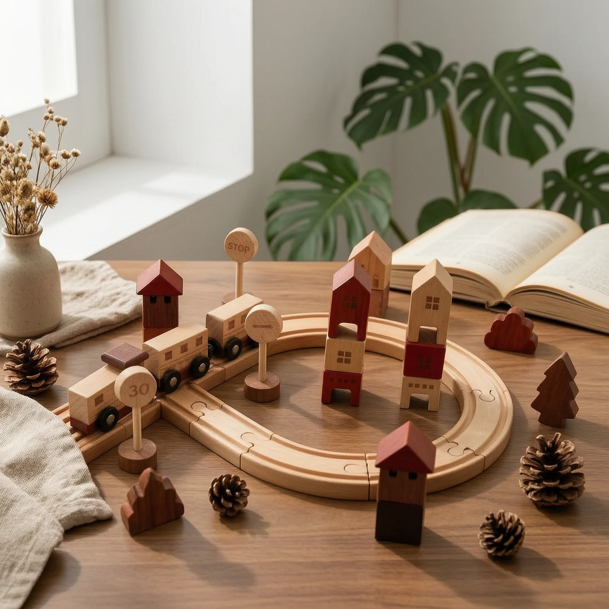 

Creative Play Tabletop Train Track Set Wooden Rail-Building Toy Wood Train Station Printed Details Wooden Railway Station