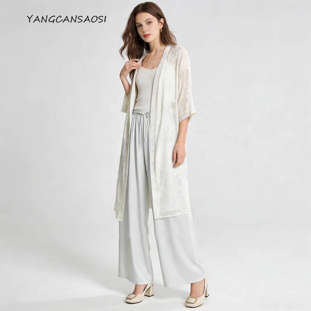 

Натуральный шелковый топ из тутового шелкопряда с цветочным узором, женская свободная накидка с рукавами «летучая мышь» для защиты от солнца, длинная шаль, новинка лета 2026