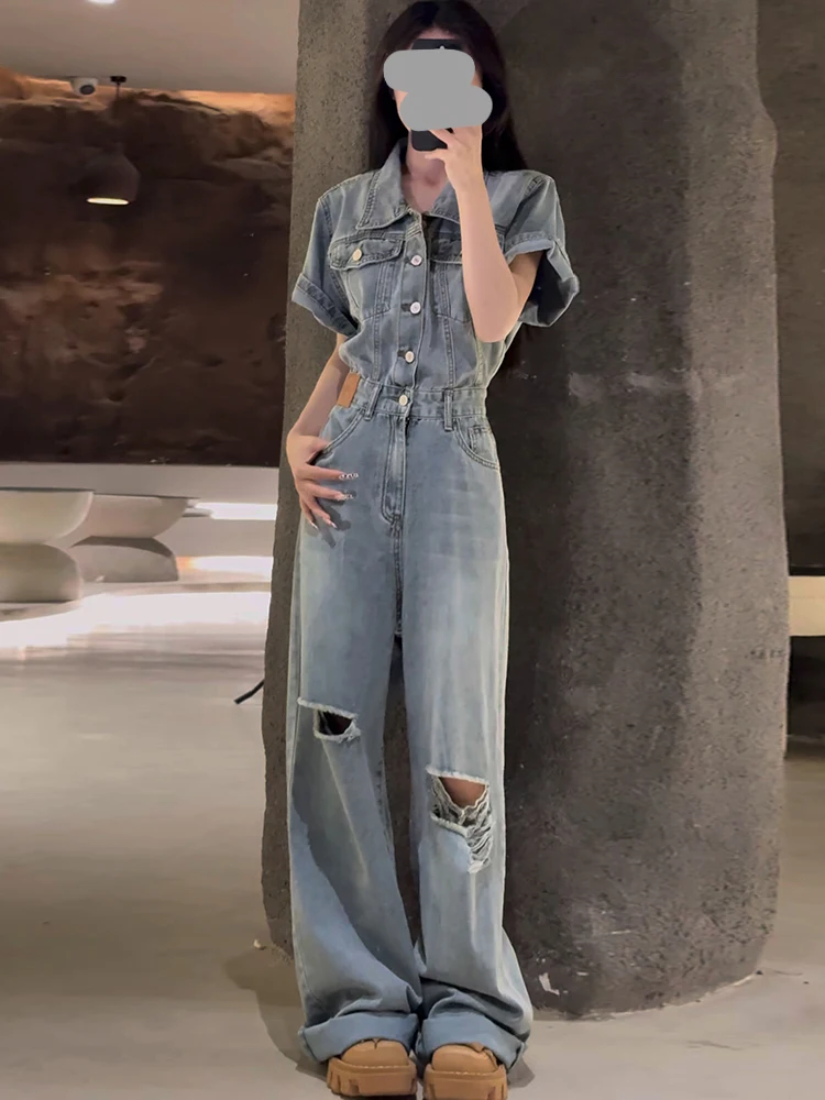 Retro American Waed Denim Overalls Women's Summer 2025 Loose Slimming Wide Leg Pants High Waist Long Trousers