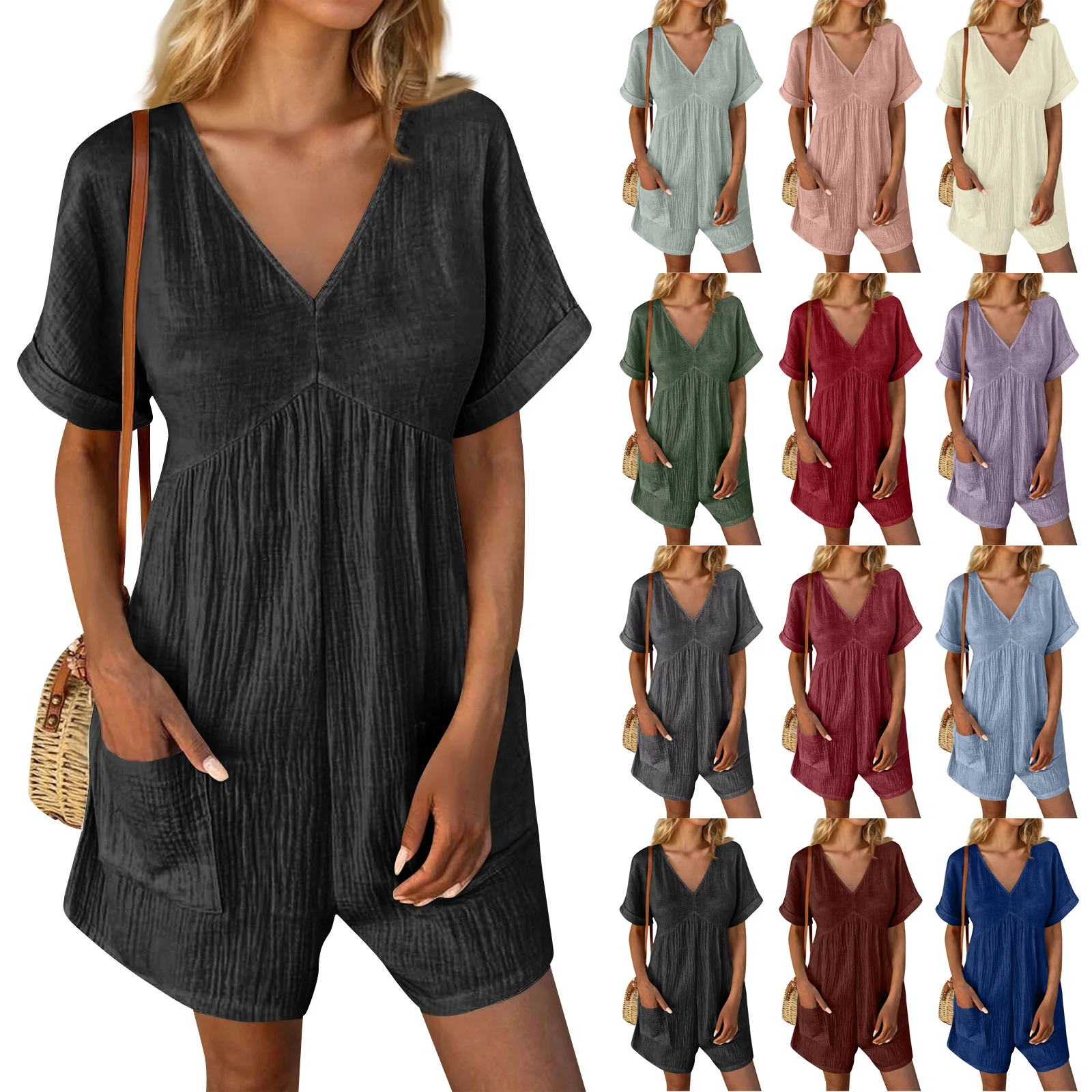 

Women Summer Short Jumpsuits and Rompers V-neck Pockets Playsuits Ladies Casual Bodysuits