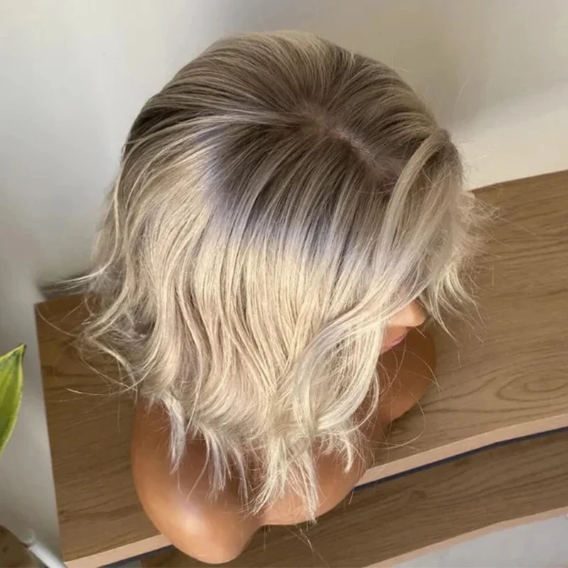 Пепельно-кореневый серебряный блондин Боб Парик Термобезопасное волокно Синтетический парик фронта шнурка Короткие натуральные волнистые женские парики 13x4 Реалистичная линия волос