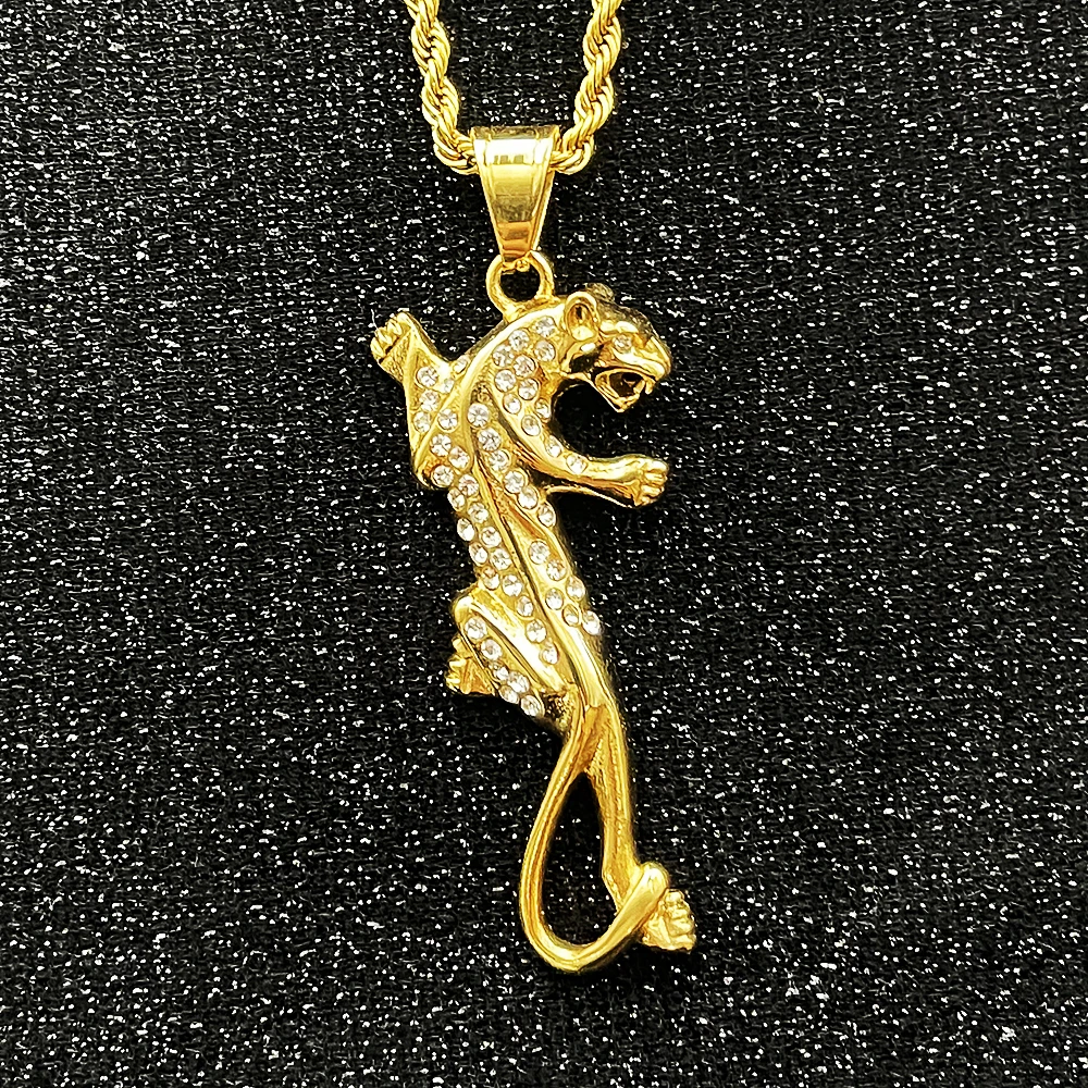 Hip Hop Gold Color silver 316L Stainless Steel with rhinestone Leopard Panther Animal Pendants Necklaces for Men Rapper Jewelry