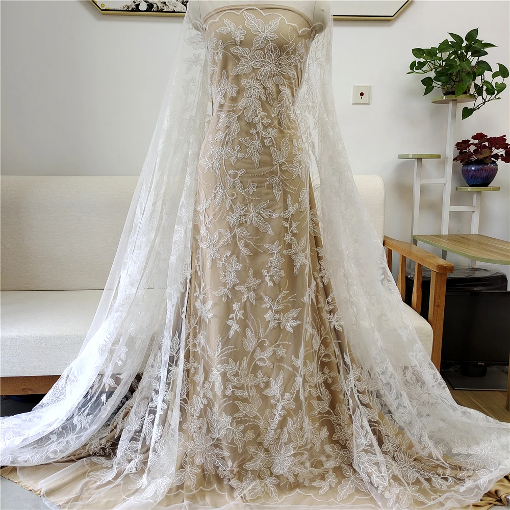 

High End Boutique White Lace Fabric with Flower and Leaf Edges DIY Handmade Wedding Dress, Veil, Curtain, Background Decoration