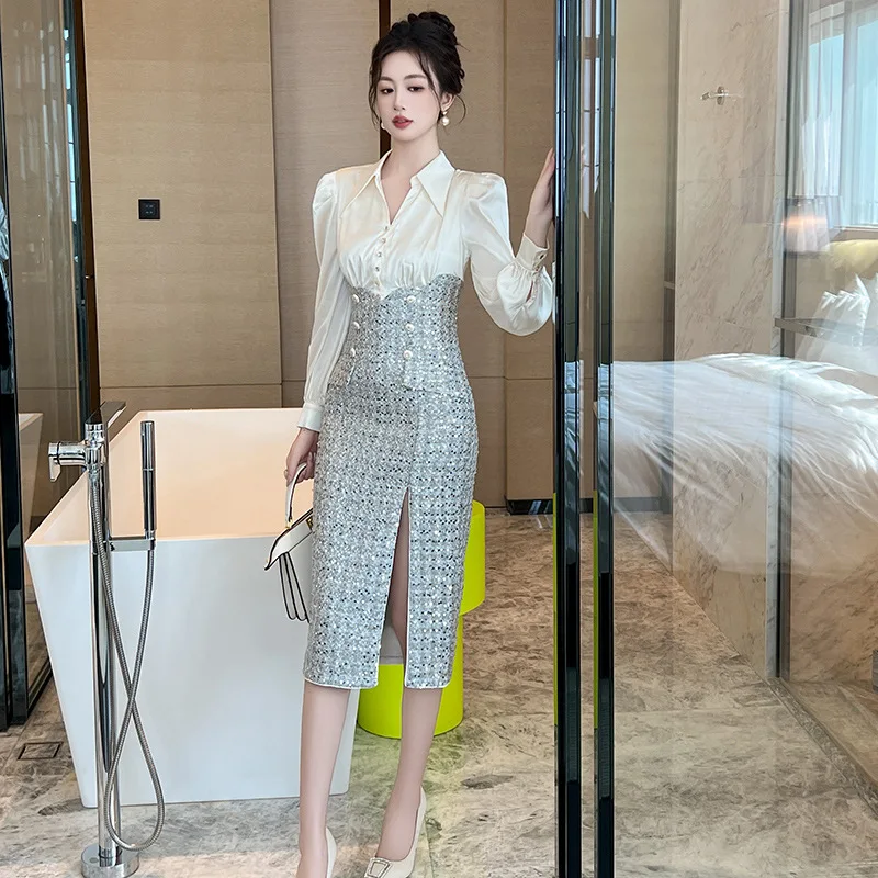 Autumn and Winter New Women's Temperament Shirt Splicing Sequined Woolen Hip Wrap Dress Commuter Style Slim Mid Length Dress