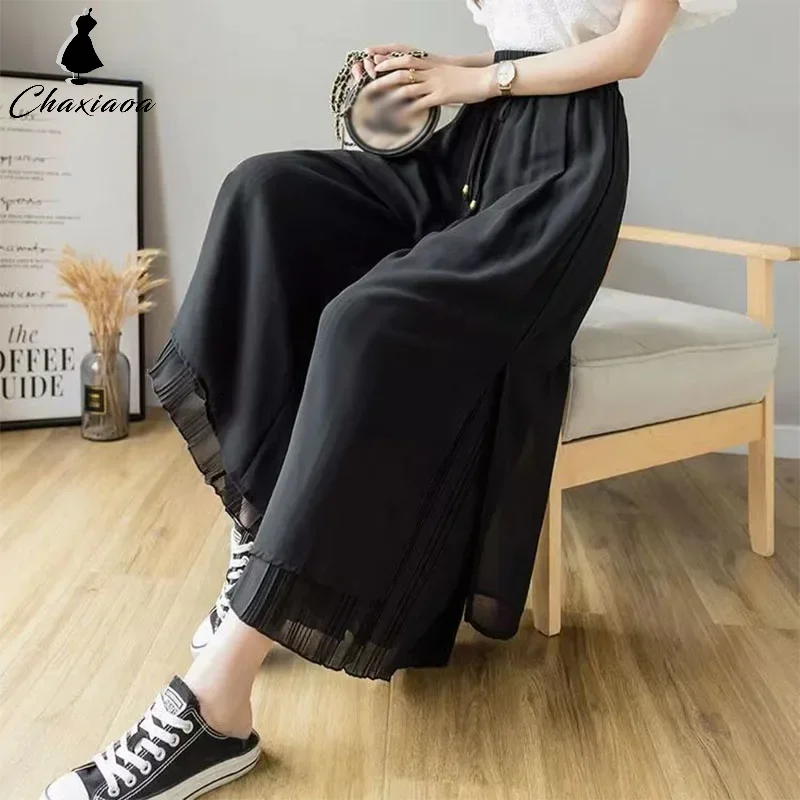 Ankle-length Pants Capris For Women Elastic Wide Leg Irregular Hem Double Layers Trousers Summer Casual Loose Pleated Pants