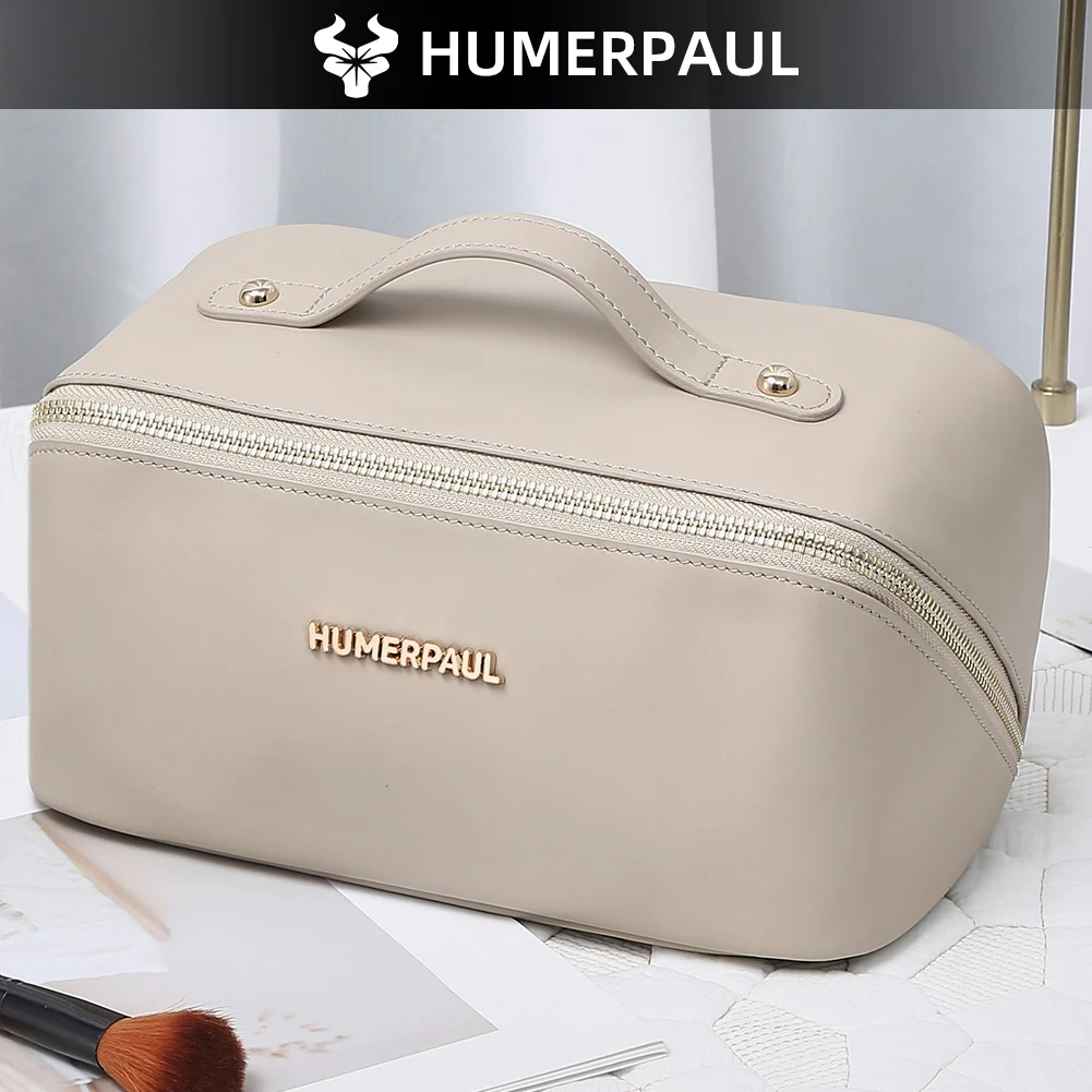 HUMERPAUL: bolso de maquillaje de cuero de alta calidad para mujer, organizador de cosméticos portátil para viajes, con asa superior y gran capacidad, ideal como neceser.