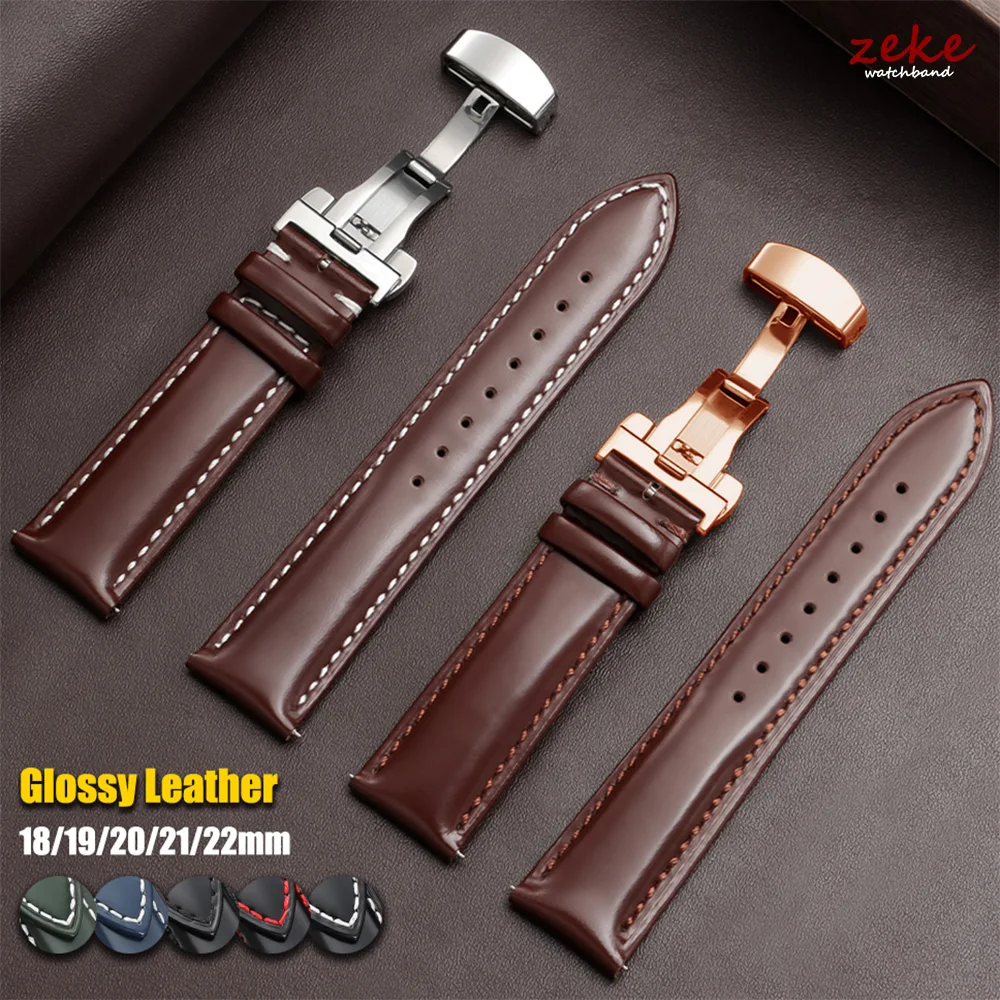 Glänzendes Kalbsleder-Uhrenarmband mit Schmetterlingsschließe, 18/19/20/22mm, Ersatz-Uhrenarmbänder in Schwarz und Braun, Wasserdichtes Armbanduhrenband