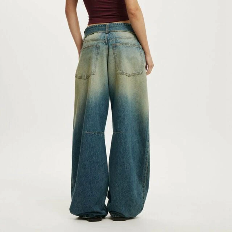 Damskie jeansy typu barrel z paskiem w stylu Y2K vintage, modne, codzienne, z gradientem kolorów, z niskim stanem, luźne, długie spodnie dżinsowe z kieszeniami.