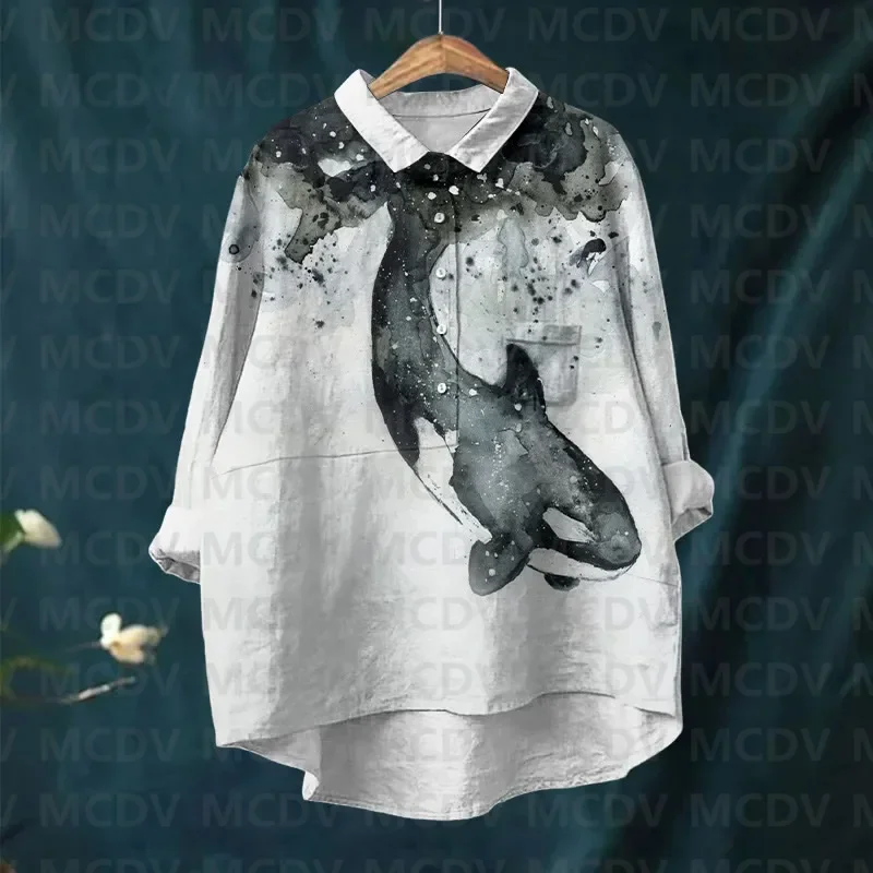 Humpback Whale Print Women's Casual Lapel Blouse