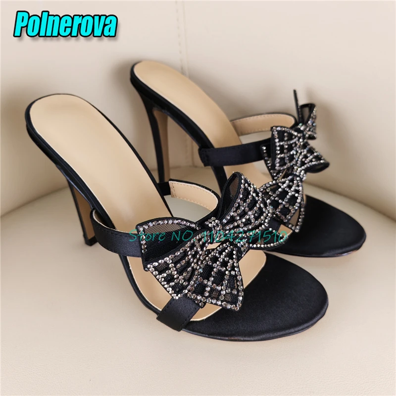 Rhinestone Bow Double Strap Women's Slippers Luxury Black Satin Hollow High Heels Summer Sweet Fairy Party Banquet Dress Shoes