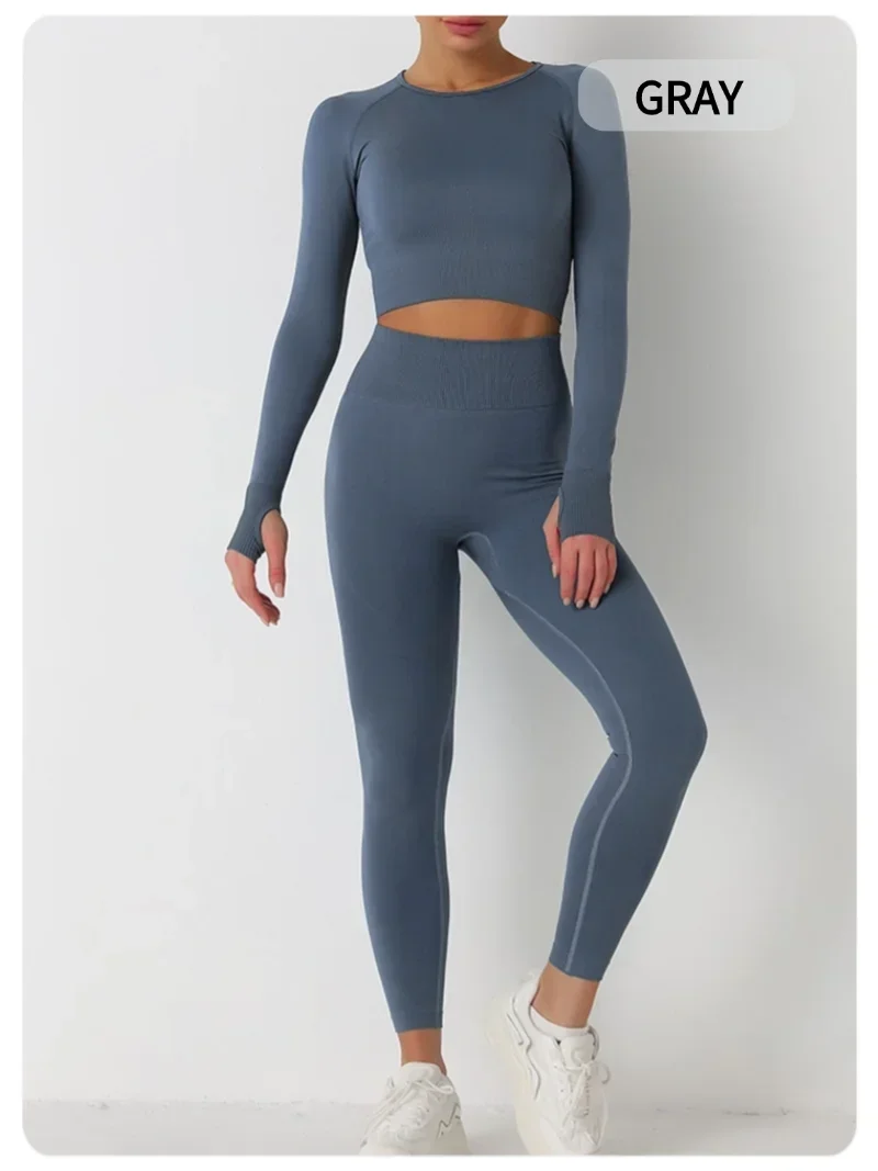 Conjunto de traje de Yoga de manga larga y cintura alta ajustado sin costuras para mujer para otoño e invierno, conjunto de traje deportivo y de Fitness