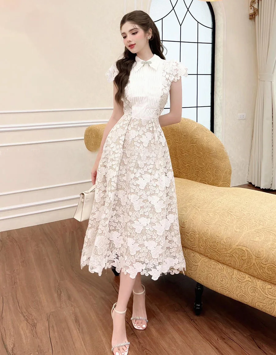 French Elegant Commuter Polo Collar Short Sleeve Diamond Bow 3D Lace Hollow Flower High Waist A-line Long Evening Dresses Women