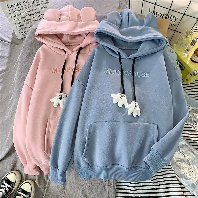 Autumn Winter Sweatshirt Korean Oversized Hoodies Cute Bear Ears Letter Long Sleeve Sweatshirt Fleece Thick Pullover Tops Femmes