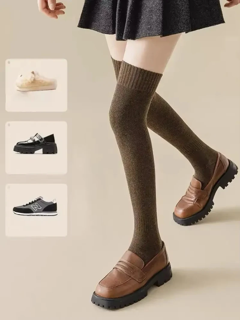 1 par feminino outono inverno cor sólida joelho meias altas moda quente confortável grosso loop ao ar livre casa meias casuais