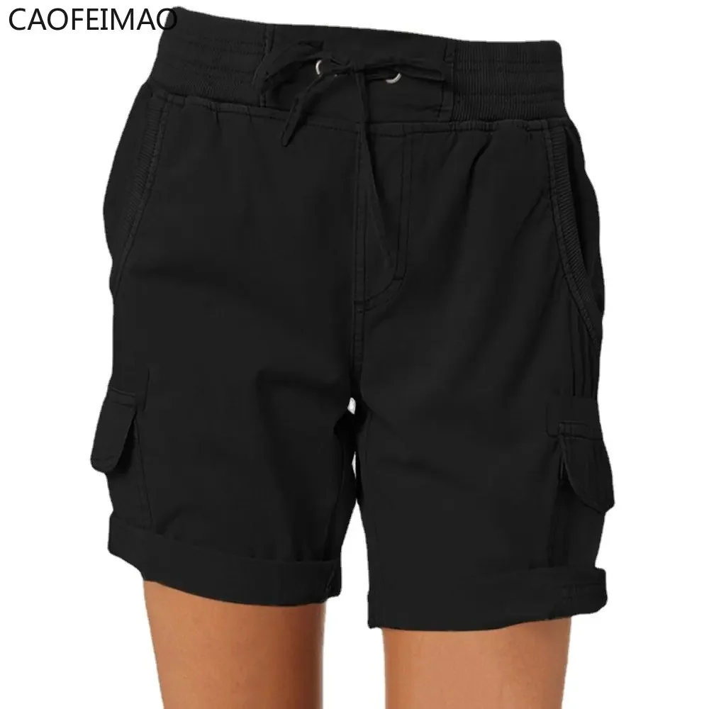 Women Shorts Cargo Pants Shorts Elastic Waist Short Pants Cotton Linen Pocket Summer Beach Solid Color Sliming Comfot Breathable