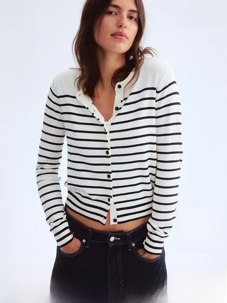 

H&M Women's Knitted Sweater ort Striped Base Layer Air Conditioning Cardigan Spring Faion Outerwear Slim Fit Long Sve