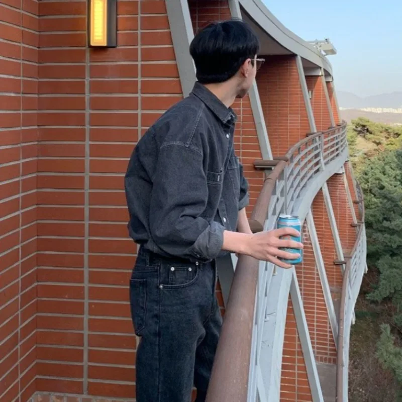 

​ Весенне-летний мужской комплект из джинсовой рубашки свободного кроя в гонконгском стиле с длинными рукавами, тонкий, повседневный, модный, универсальный ​