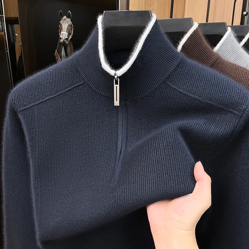 High end half zipper men's knitted sweater autumn winter soft comfort warm stand up collar fashion new casual luxury pullover
