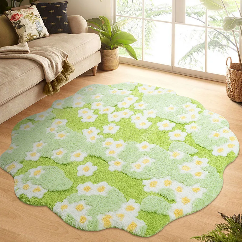 Round Flocked Floor Rug Bedroom Moss Style Anti-Slip Carpet Mat for Living Room Plush Soft Bedside Area Rug Home Room Decoration