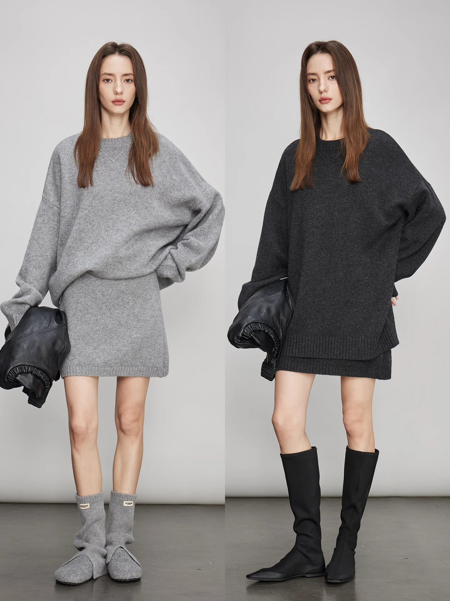 

Комплект из 100% шерсти: вязаный свитер свободного кроя и короткая юбка. Женский модный комплект свободного кроя, теплый, средней плотности, с длинными рукавами.