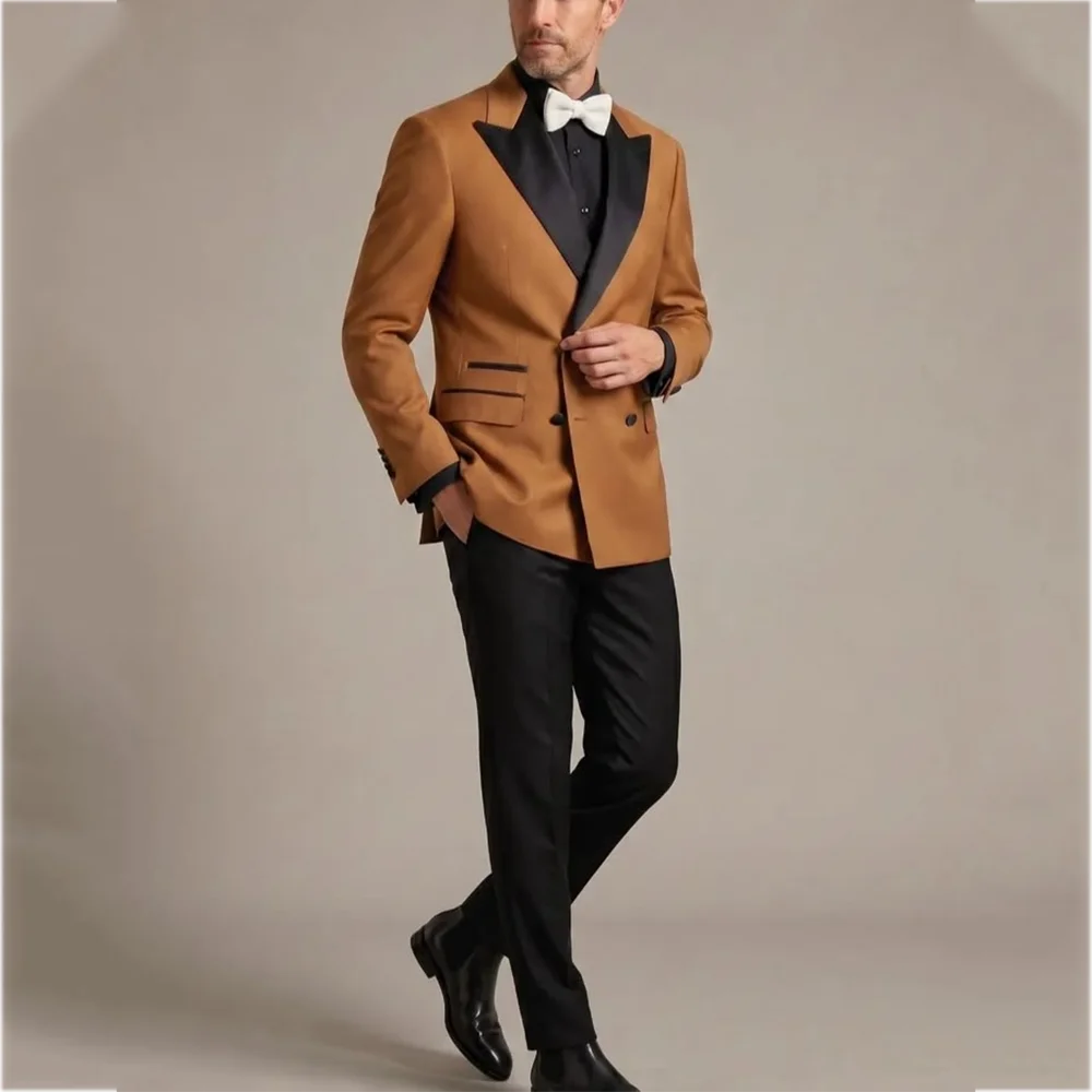 Men Contrast Color Suit Satin Peak Lapel Blazer Black Pants Two Pieces Slim Tuxedo Wedding Party Prom Business Formal Wear