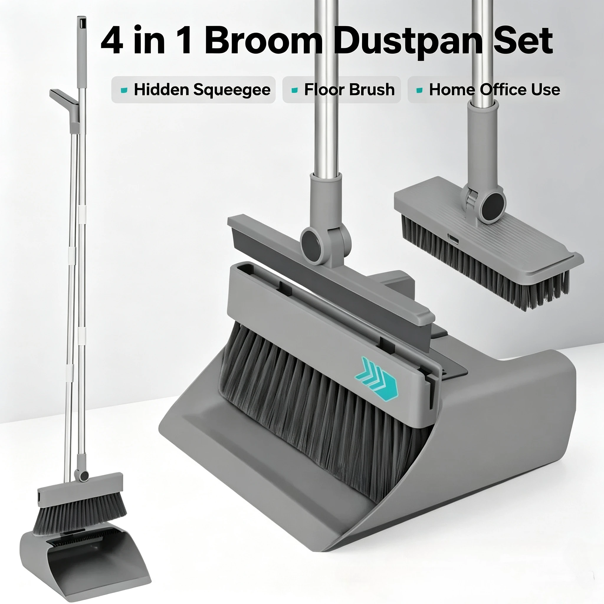 2026 Best Seller 4 In 1 Broom Dustpan Kit Hidden Squeegee Floor Brush Glass Grease Stain Cleaner For Home Office