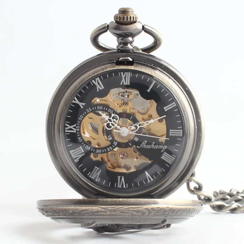 Steampunk Skeleton Engraved Mechanical Pocket Watch Roman Numerals Display Pin Chain Vintage Clock Collectible