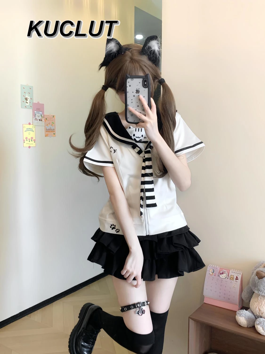 New Summer Sweet Outfits Japanese Style Women's 2 Piece Sets Navy Collar Bow Short-sleeved Top and Skirt Set Girl Uniform Suit.